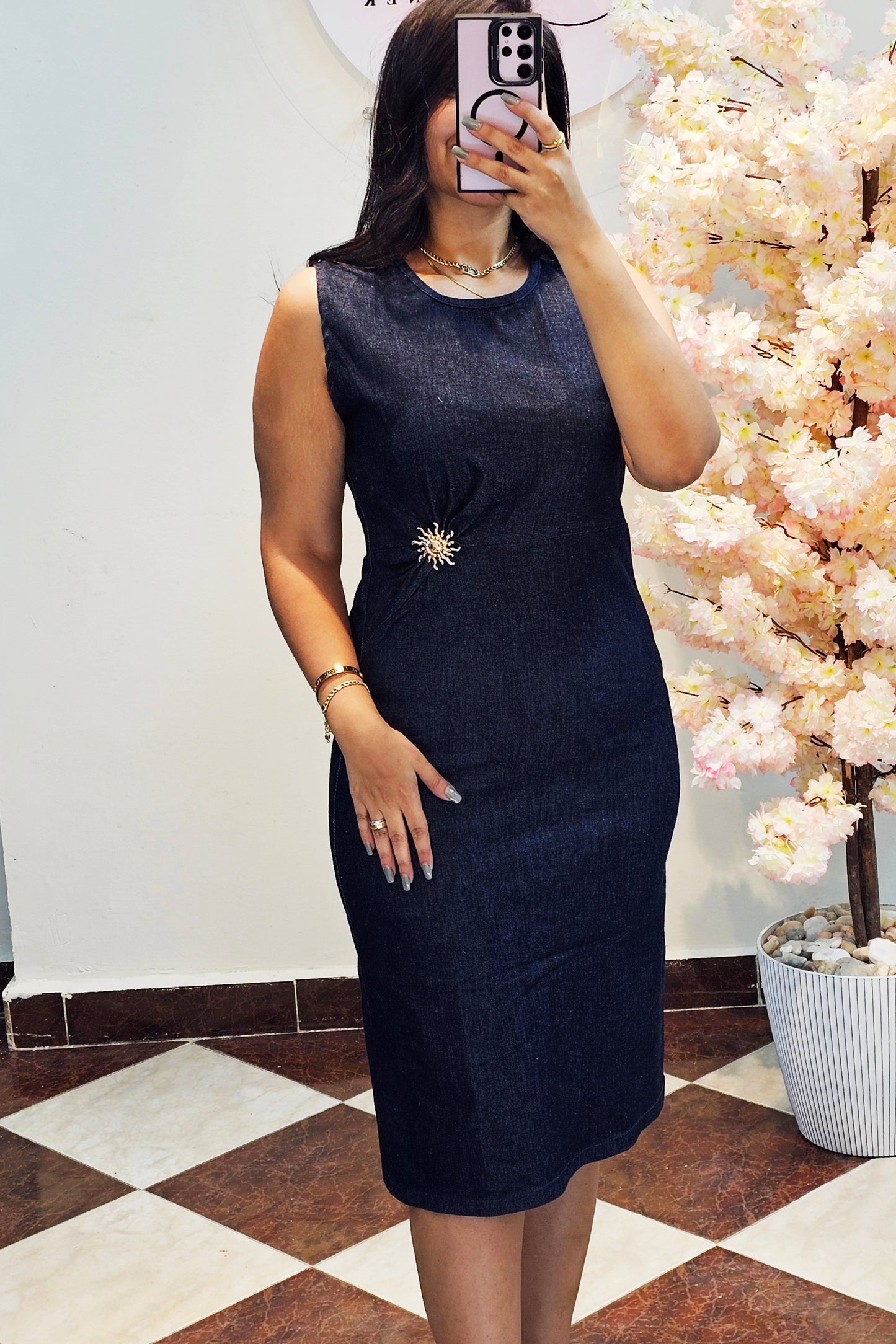Denim Dress accessorized with sun shape CC7043